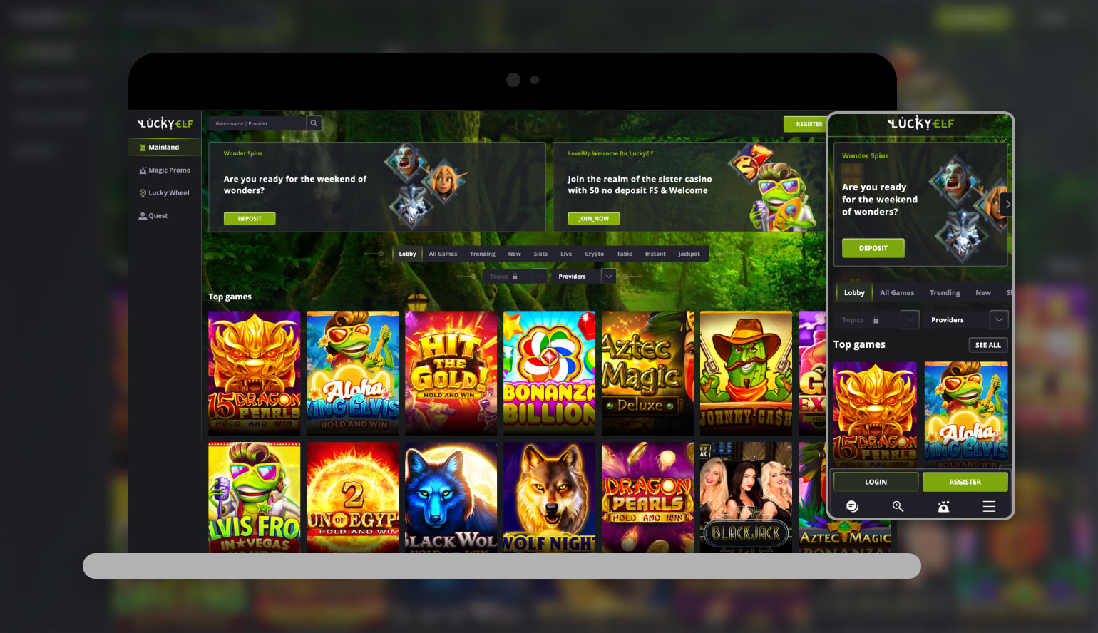 LuckyElf Casino lobby showing 3000+ games